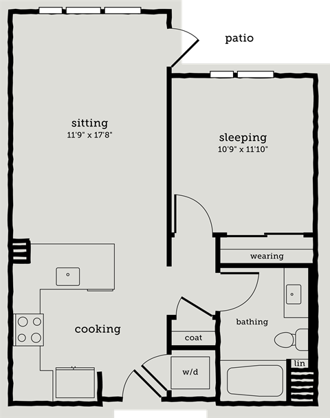 Floor plan for 1 bed, 1 bath, 672 sqft